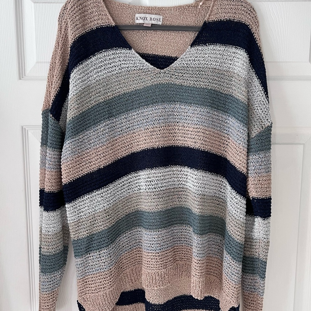 Knox Rose Striped V-Neck Sweater in Navy, Taupe, Gray